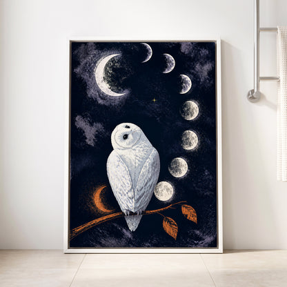 The Moonwatch Owl, blue, white, gray nature wall art displayed in a styled interior, gallery view 8