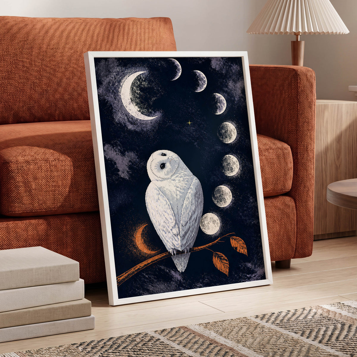 The Moonwatch Owl, blue, white, gray nature wall art displayed in a styled interior, gallery view 9