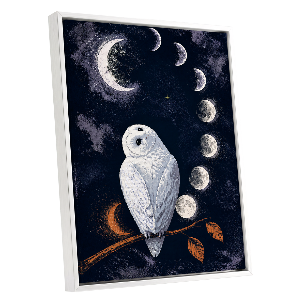 The Moonwatch Owl, blue, white, gray nature wall art shown as a white framed canvas wall art