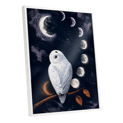 The Moonwatch Owl, blue, white, gray nature wall art shown as a white framed poster wall art print