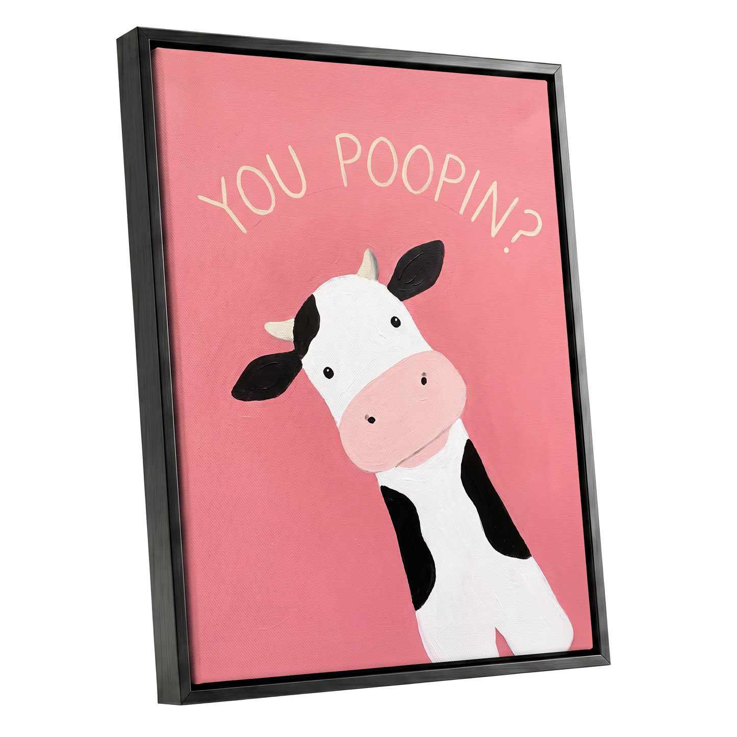 The Nosy Moo, pink, white, black nature wall art shown as a black framed canvas wall art