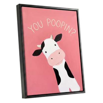 The Nosy Moo, pink, white, black nature wall art shown as a black framed canvas wall art