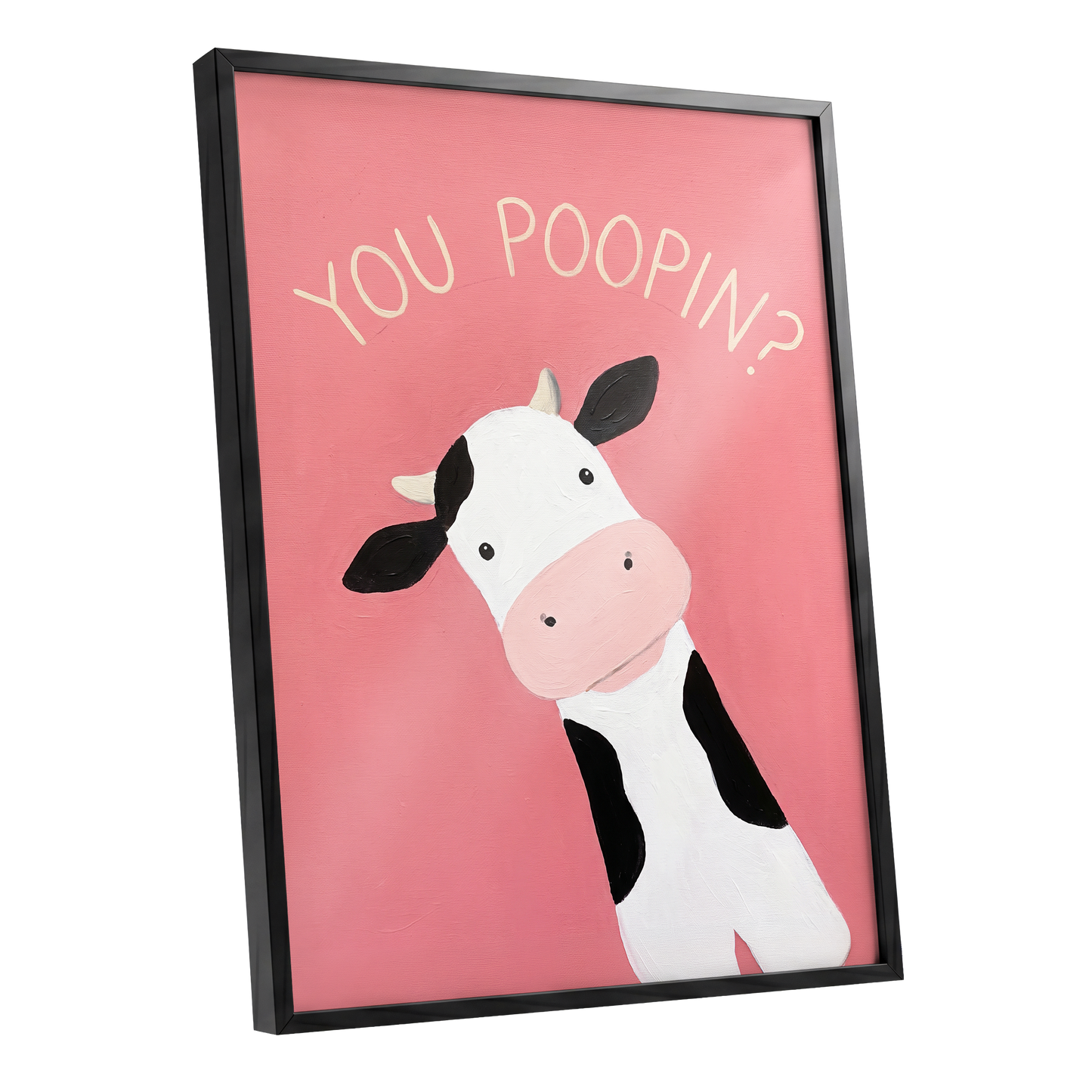 The Nosy Moo, pink, white, black nature wall art shown as a black framed poster wall art print