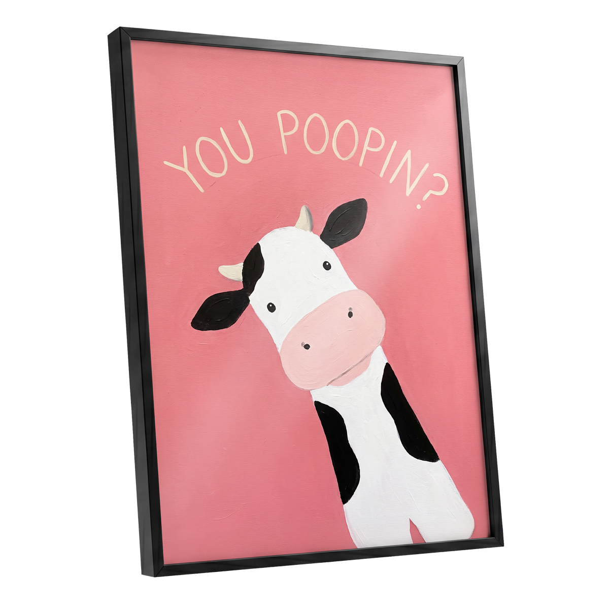 The Nosy Moo, pink, white, black nature wall art shown as a black framed poster wall art print