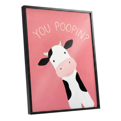 The Nosy Moo, pink, white, black nature wall art shown as a black framed poster wall art print