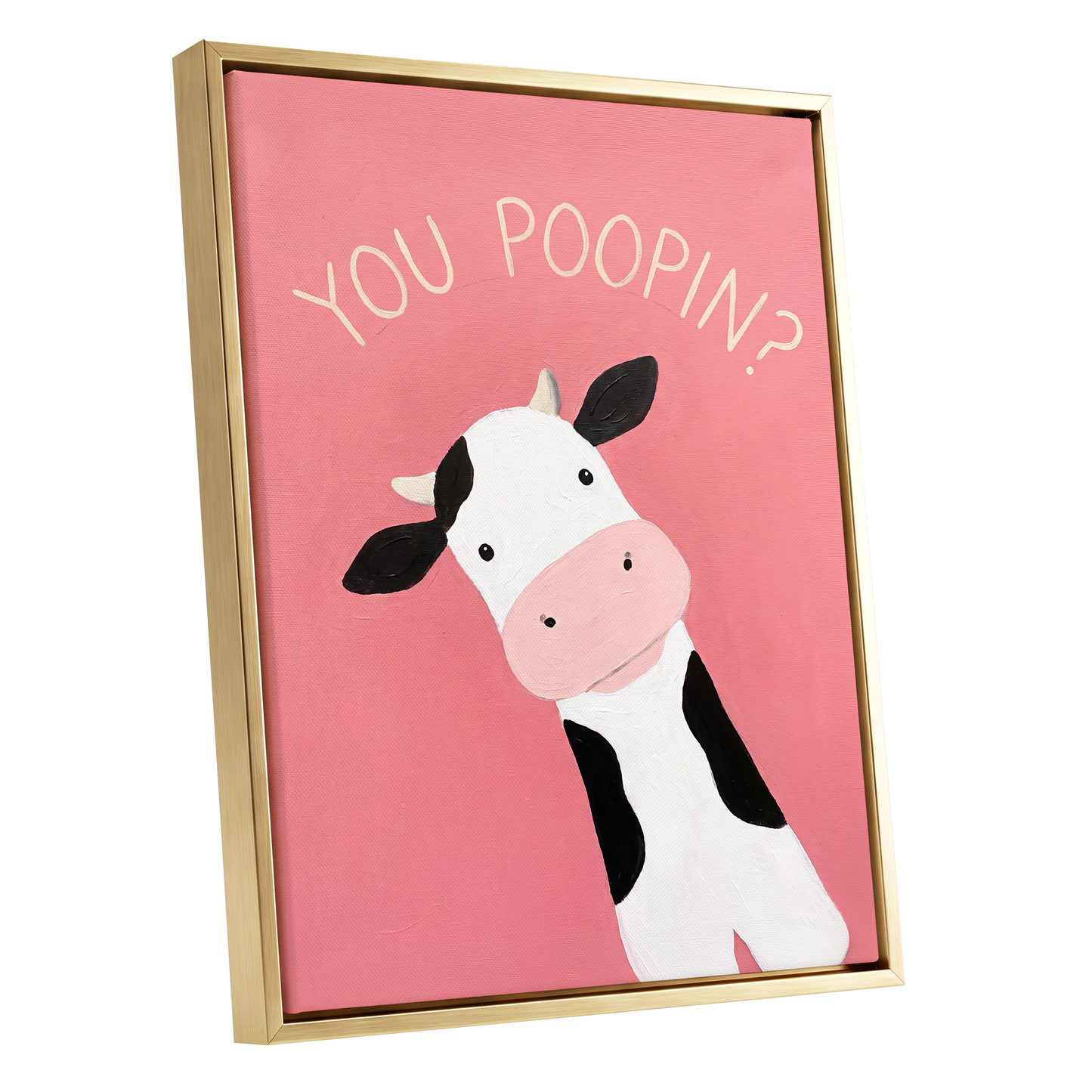 The Nosy Moo, pink, white, black nature wall art shown as a gold framed canvas wall art