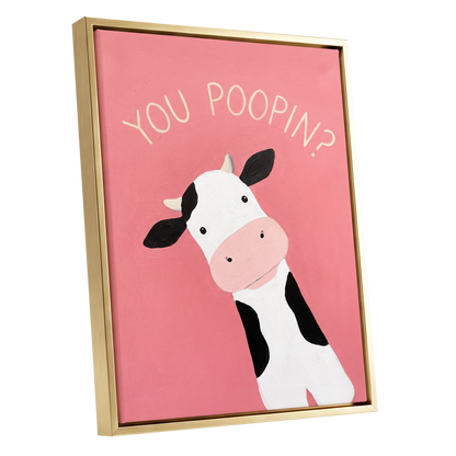 The Nosy Moo, pink, white, black nature wall art shown as a gold framed canvas wall art