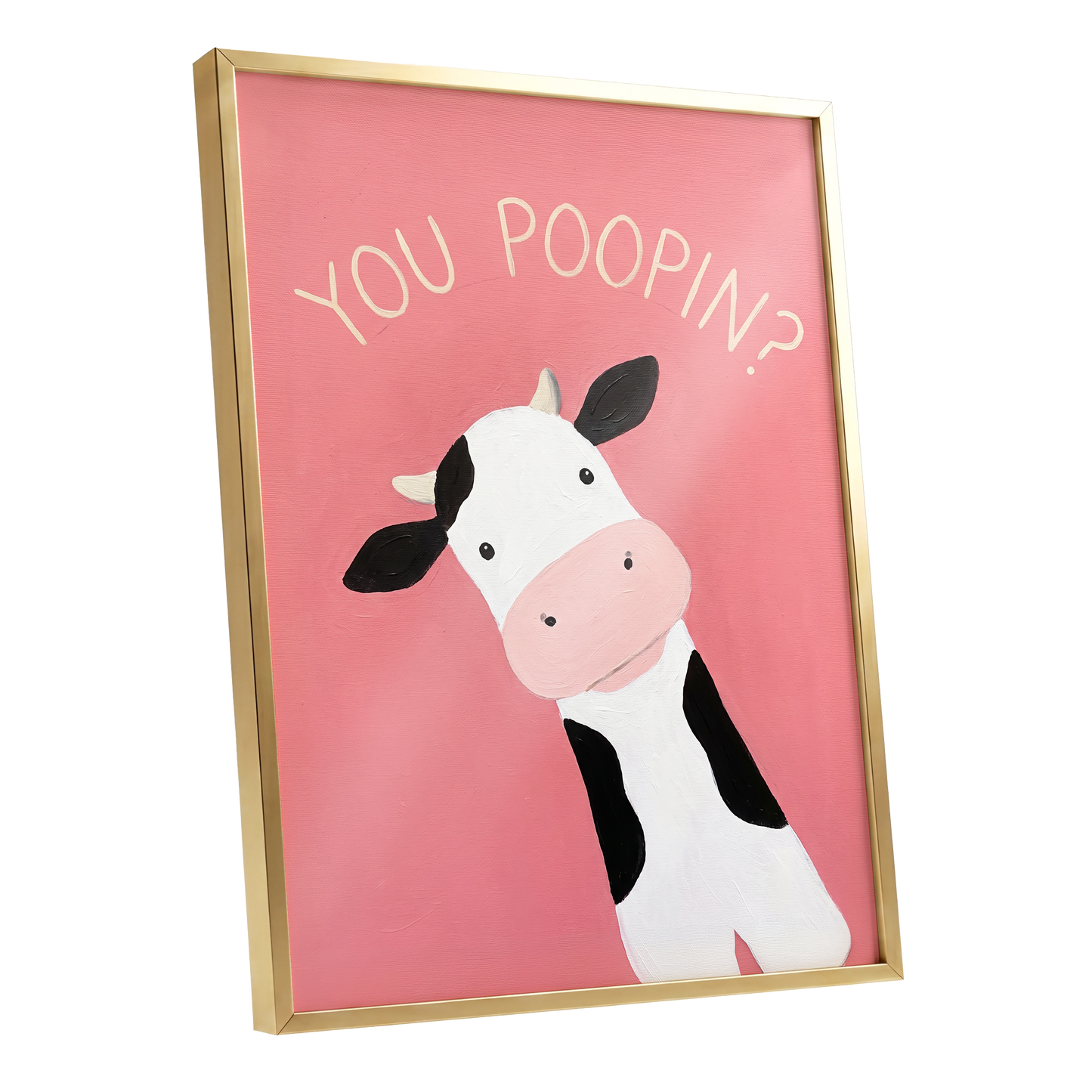The Nosy Moo, pink, white, black nature wall art shown as a gold framed poster wall art print