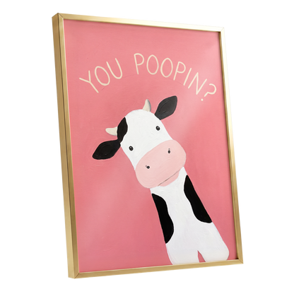 The Nosy Moo, pink, white, black nature wall art shown as a gold framed poster wall art print