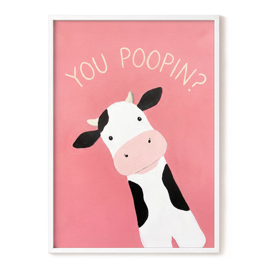 The Nosy Moo, pink, white, black nature wall art, front artwork view