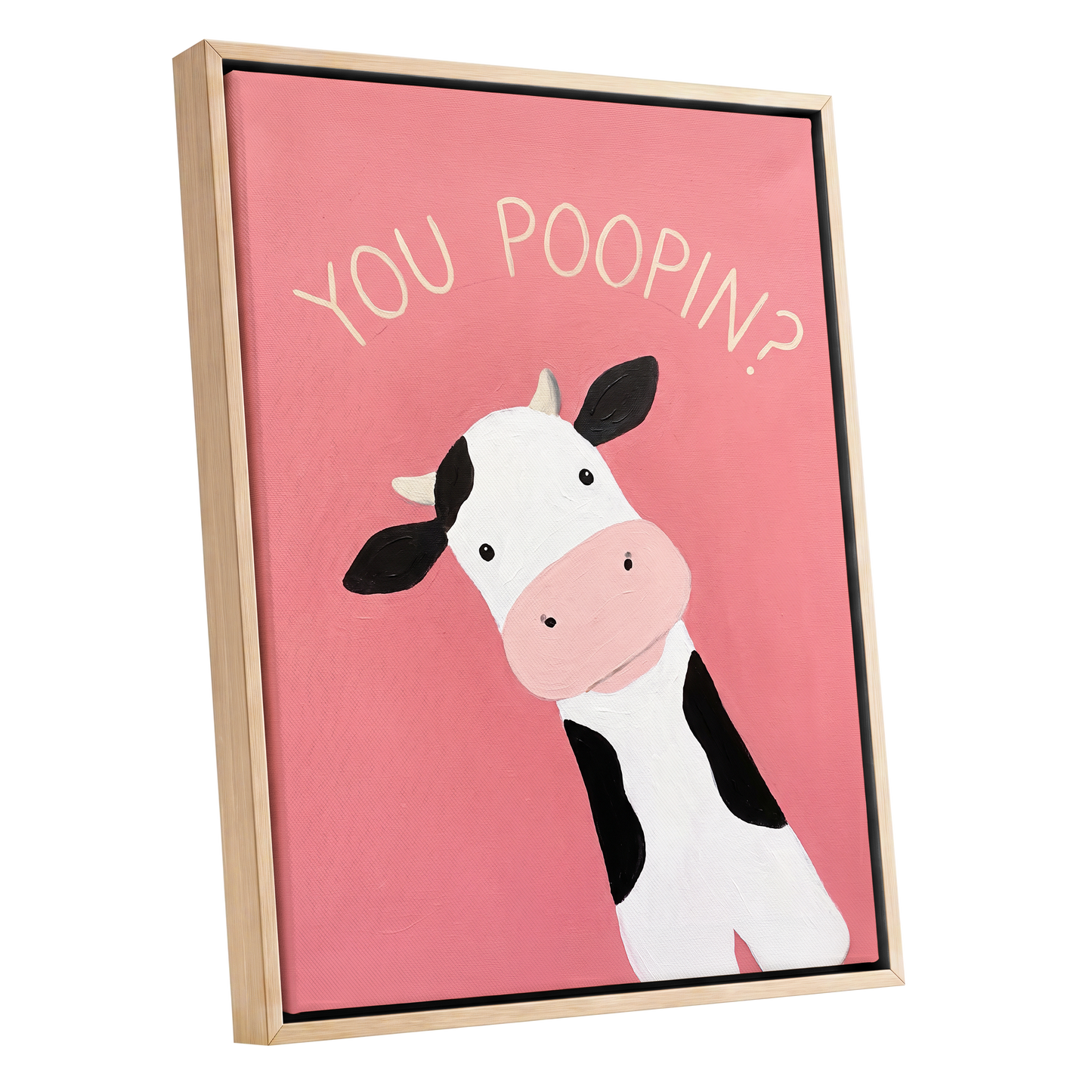 The Nosy Moo, pink, white, black nature wall art shown as a oak framed canvas wall art