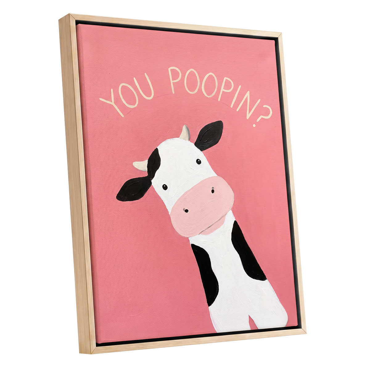 The Nosy Moo, pink, white, black nature wall art shown as a oak framed canvas wall art