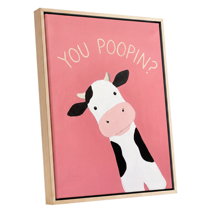 The Nosy Moo, pink, white, black nature wall art shown as a oak framed canvas wall art
