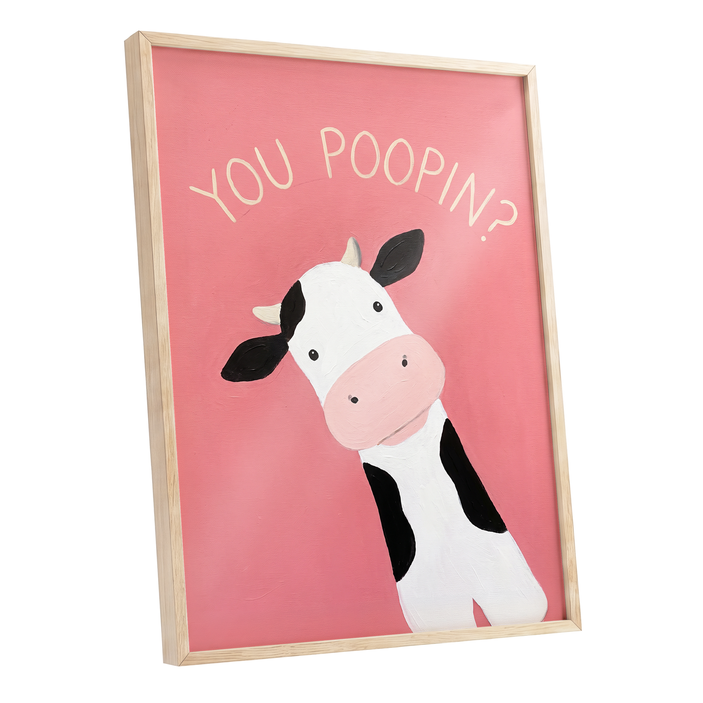 The Nosy Moo, pink, white, black nature wall art shown as a oak framed poster wall art print