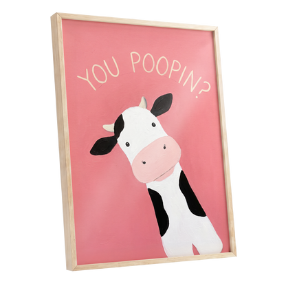 The Nosy Moo, pink, white, black nature wall art shown as a oak framed poster wall art print