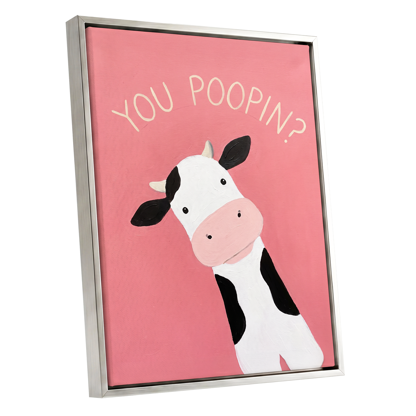The Nosy Moo, pink, white, black nature wall art shown as a silver framed canvas wall art