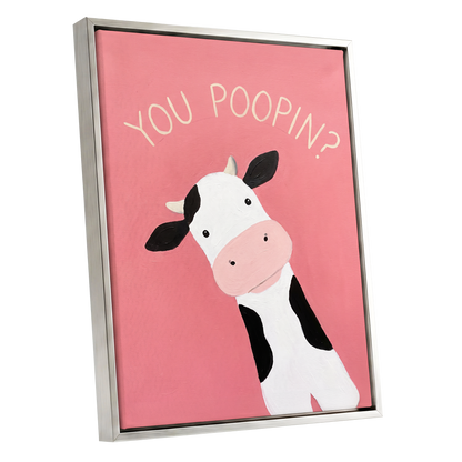 The Nosy Moo, pink, white, black nature wall art shown as a silver framed canvas wall art