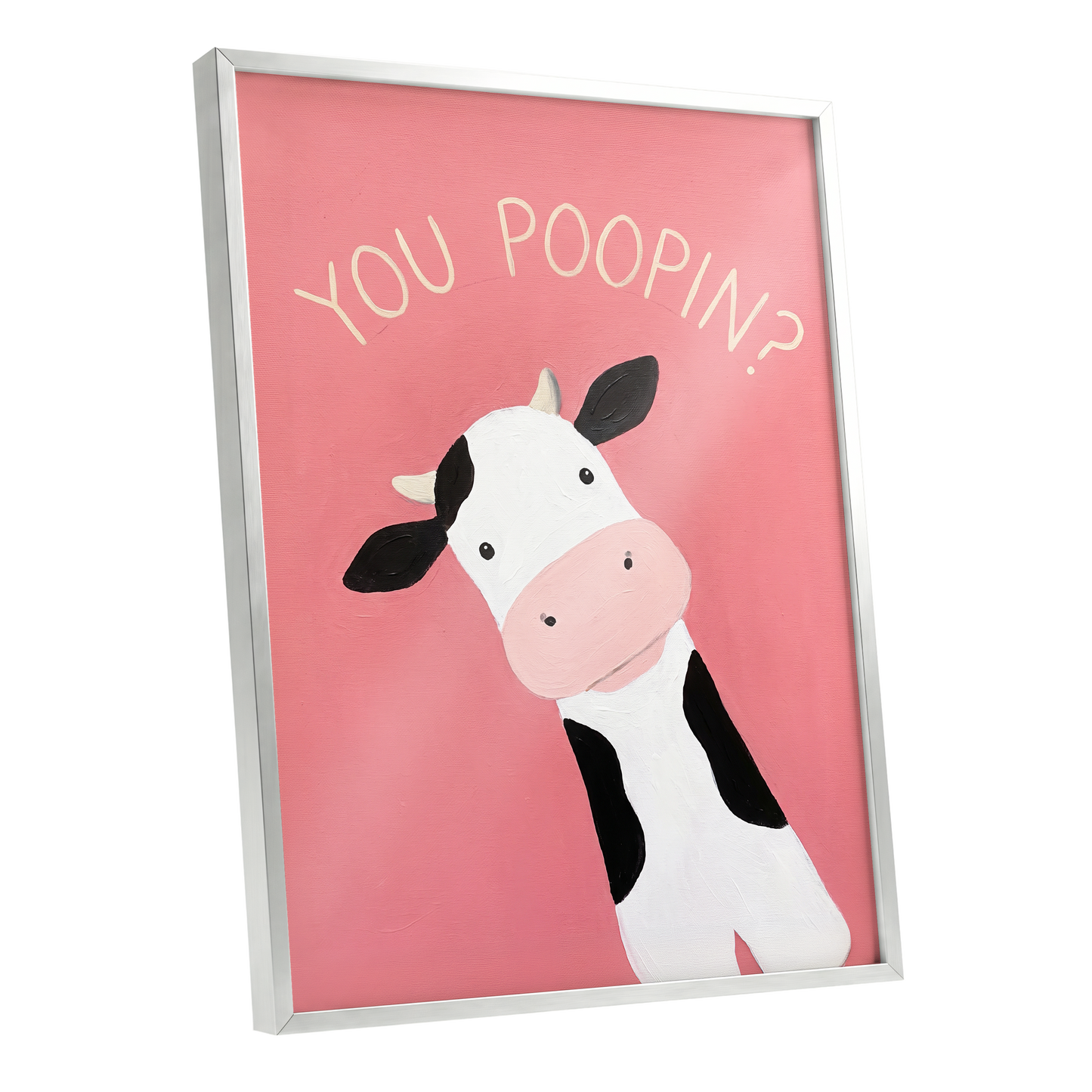 The Nosy Moo, pink, white, black nature wall art shown as a silver framed poster wall art print