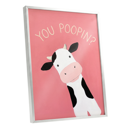 The Nosy Moo, pink, white, black nature wall art shown as a silver framed poster wall art print