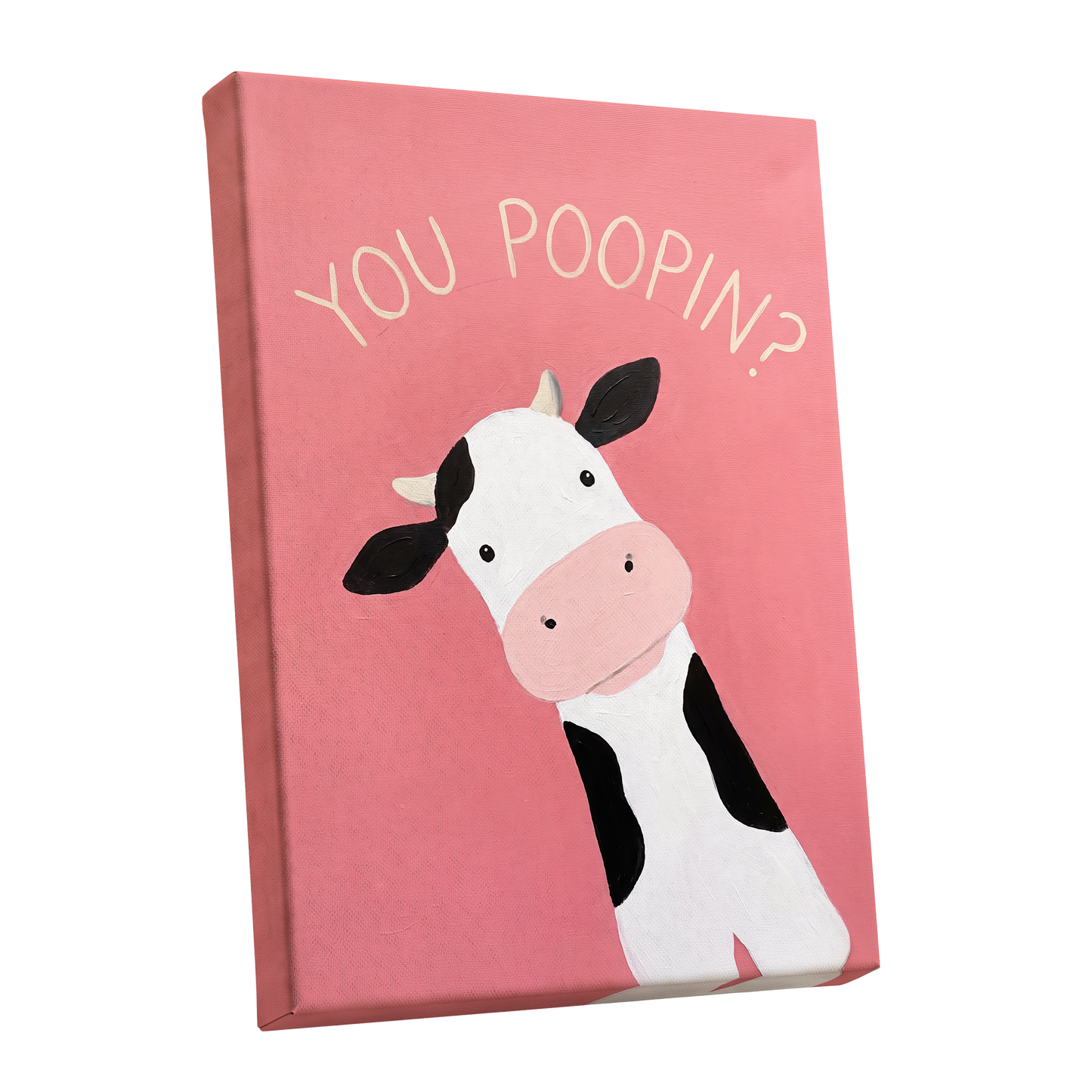 The Nosy Moo, pink, white, black nature wall art shown as a stretched canvas wall art