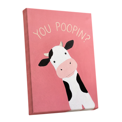 The Nosy Moo, pink, white, black nature wall art shown as a stretched canvas wall art