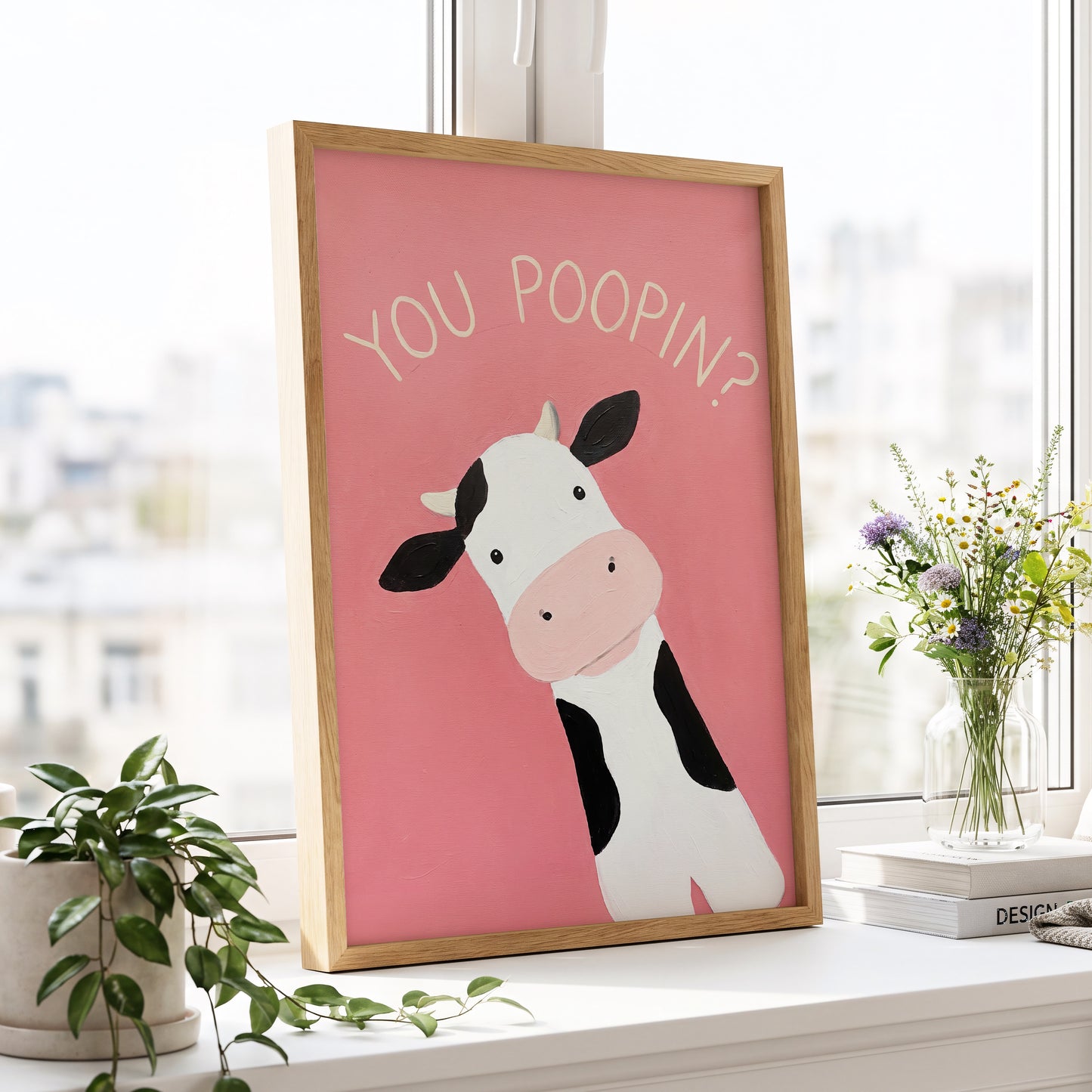 The Nosy Moo, pink, white, black nature wall art displayed in a styled interior, gallery view 2