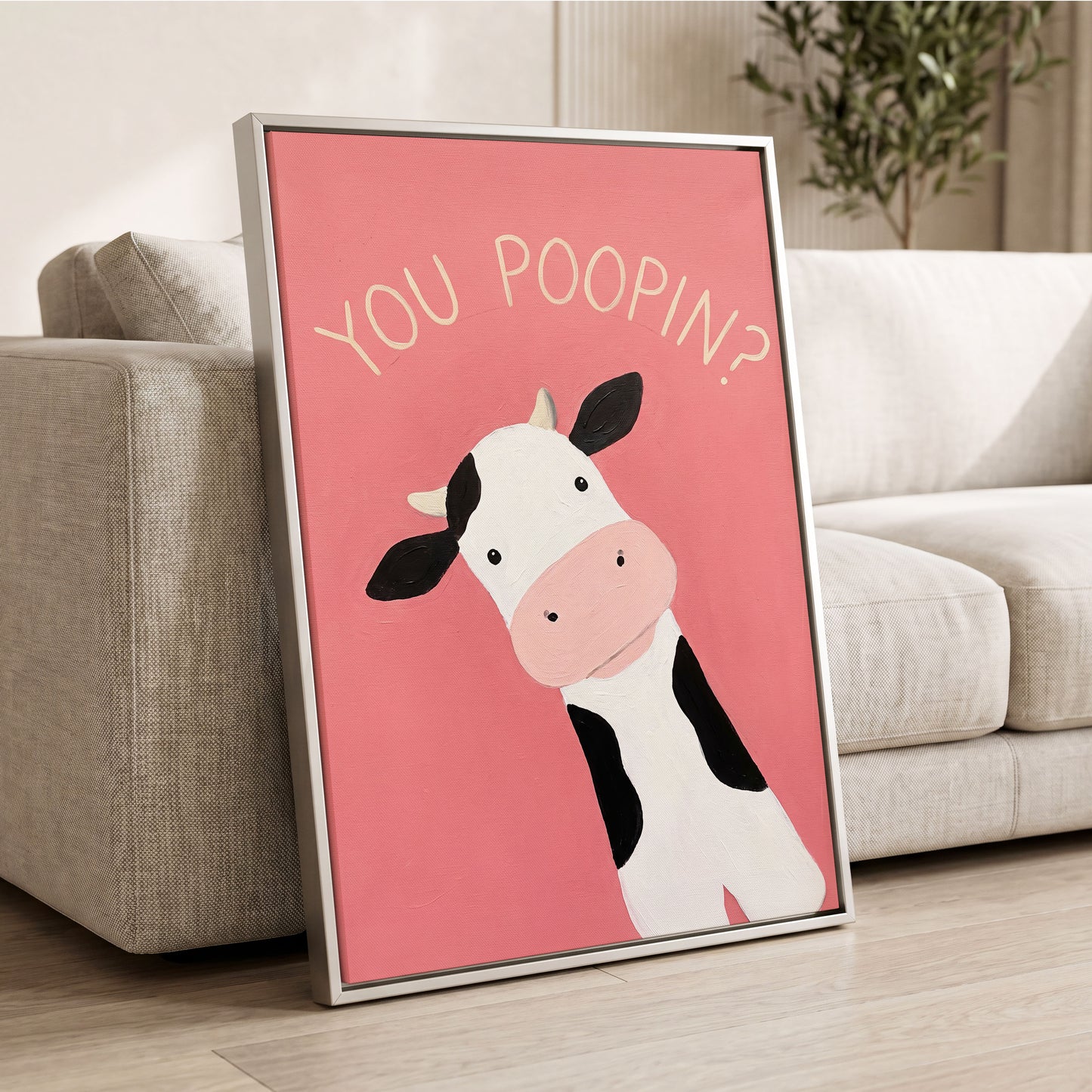 The Nosy Moo, pink, white, black nature wall art displayed in a styled interior, gallery view 4