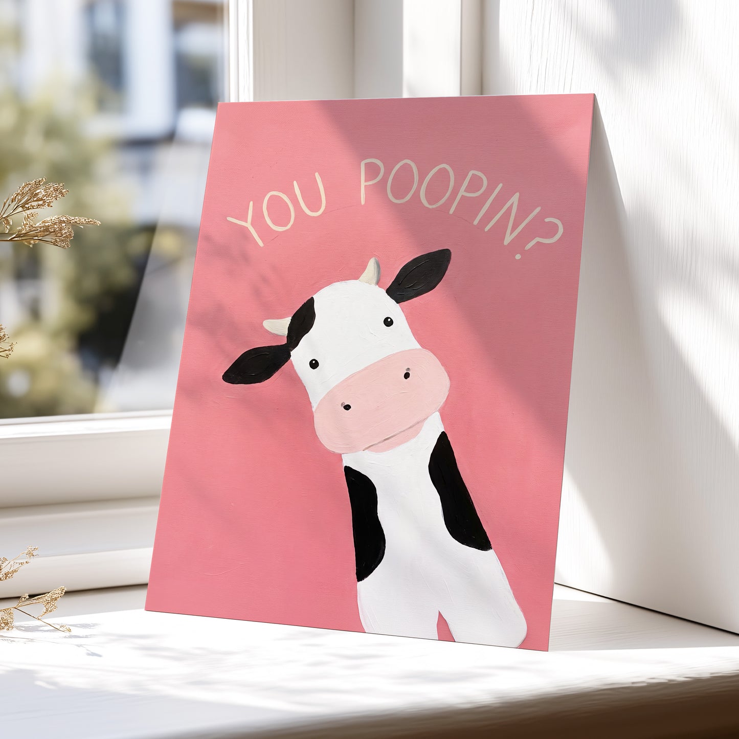 The Nosy Moo, pink, white, black nature wall art displayed in a styled interior, gallery view 5
