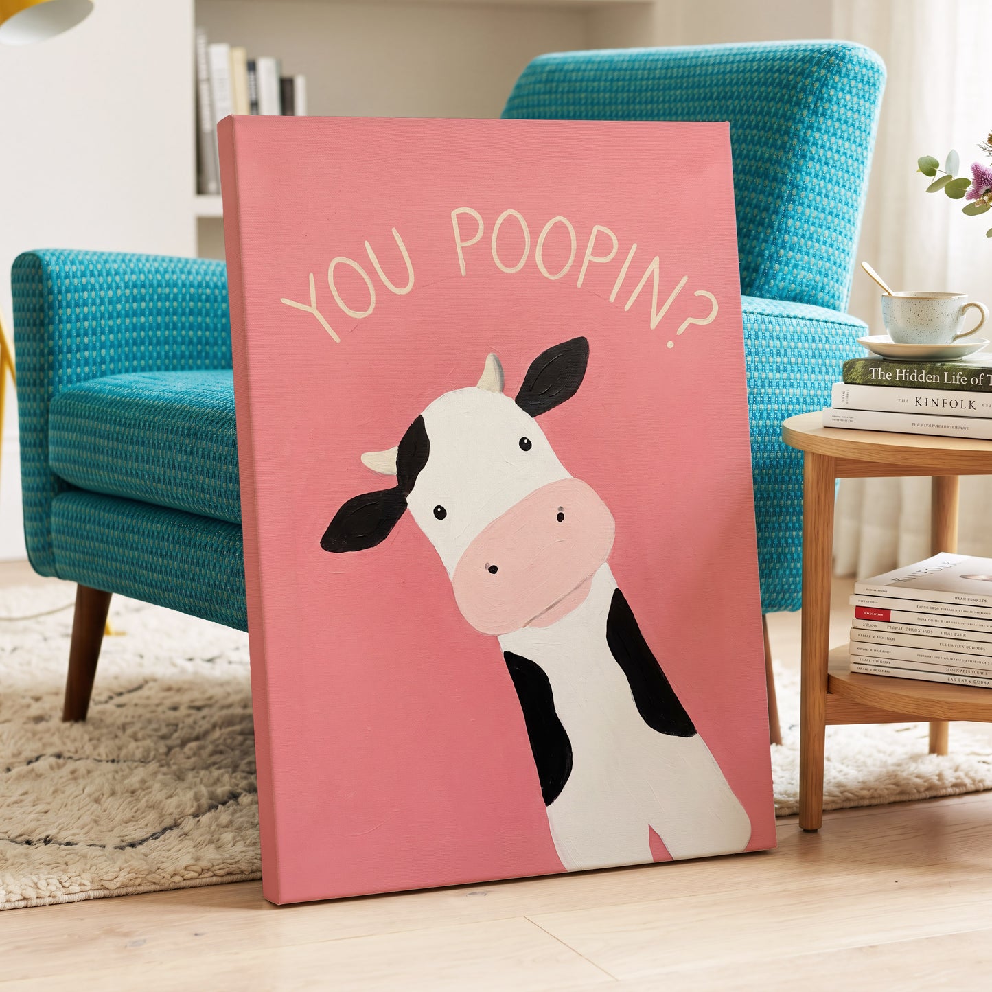 The Nosy Moo, pink, white, black nature wall art displayed in a styled interior, gallery view 7