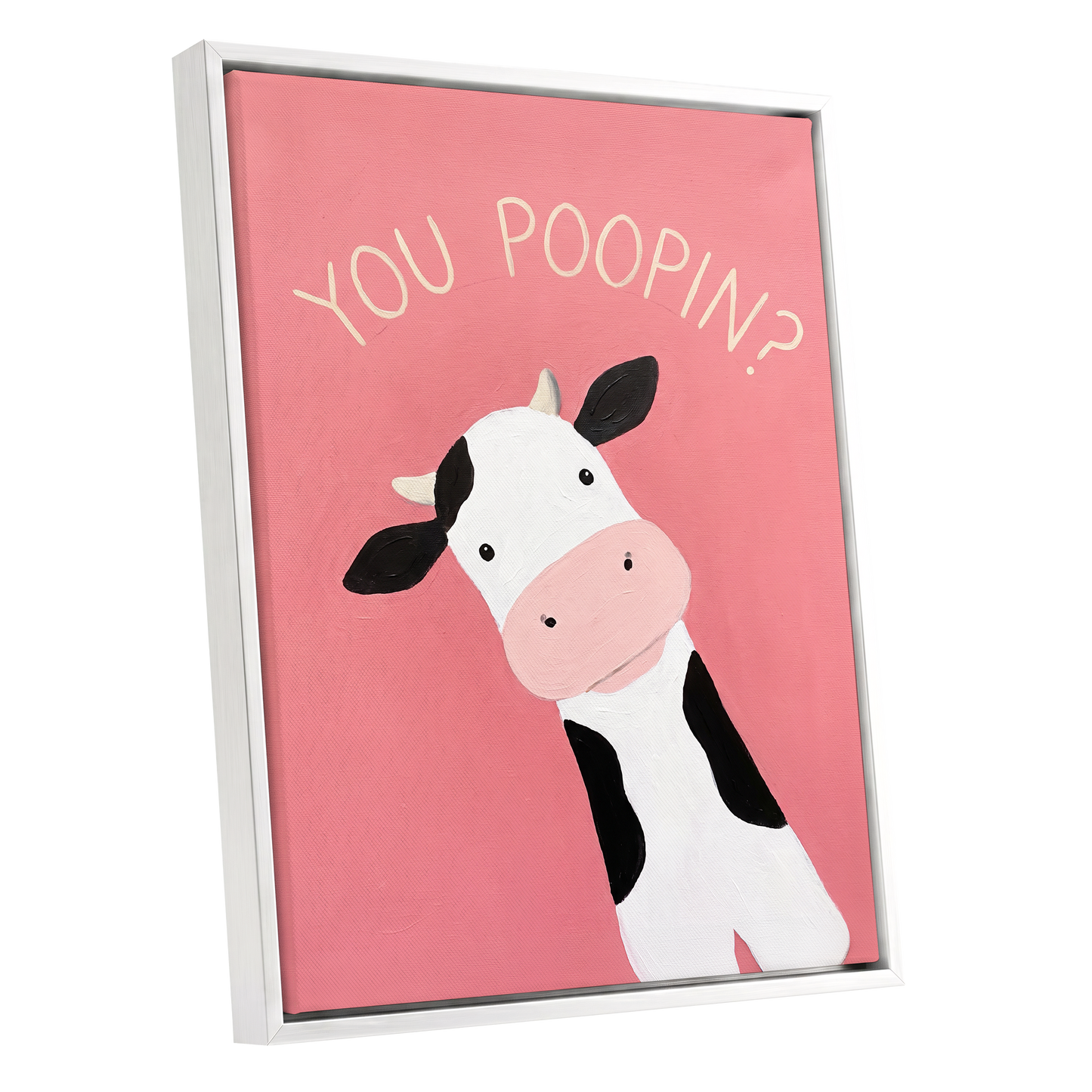 The Nosy Moo, pink, white, black nature wall art shown as a white framed canvas wall art