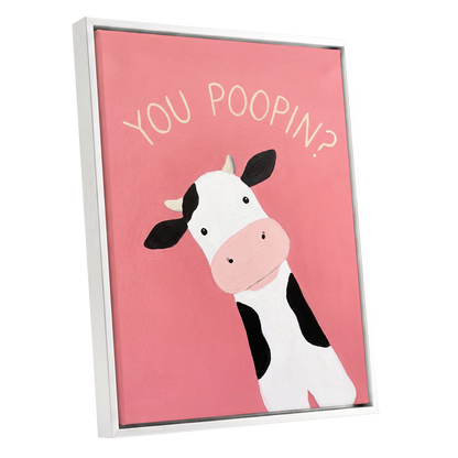 The Nosy Moo, pink, white, black nature wall art shown as a white framed canvas wall art