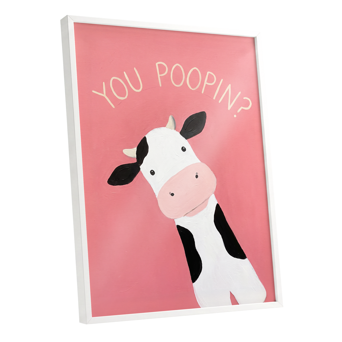 The Nosy Moo, pink, white, black nature wall art shown as a white framed poster wall art print