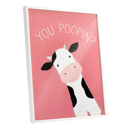 The Nosy Moo, pink, white, black nature wall art shown as a white framed poster wall art print