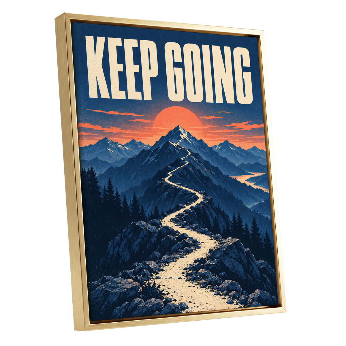 The Onward Ridge, blue, beige, orange nature wall art shown as a gold framed canvas wall art