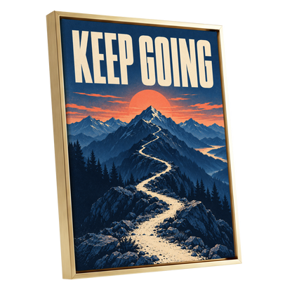 The Onward Ridge, blue, beige, orange nature wall art shown as a gold framed canvas wall art