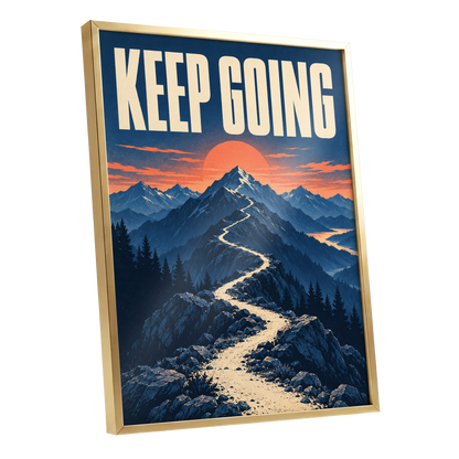 The Onward Ridge, blue, beige, orange nature wall art shown as a gold framed poster wall art print