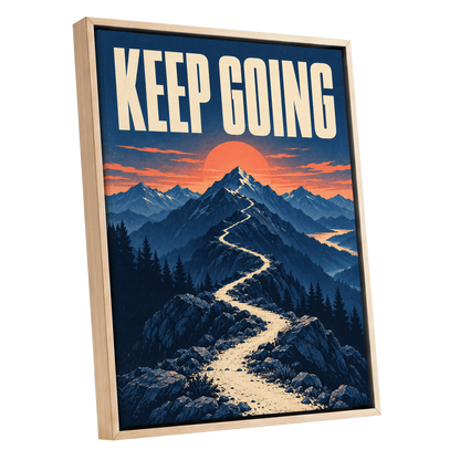 The Onward Ridge, blue, beige, orange nature wall art shown as a oak framed canvas wall art