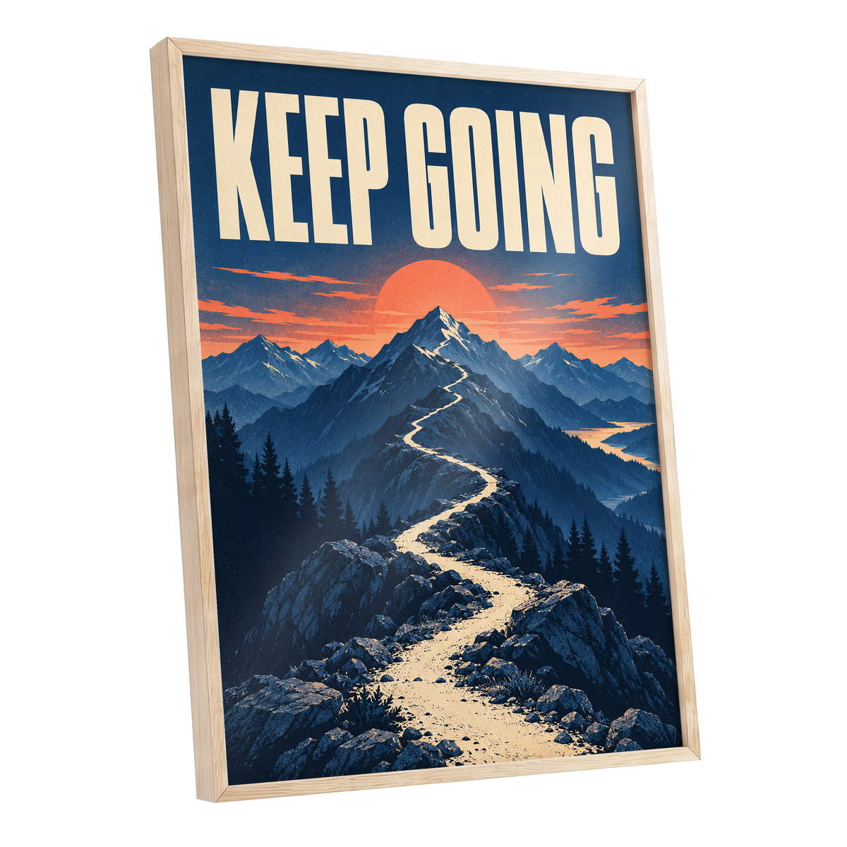 The Onward Ridge, blue, beige, orange nature wall art shown as a oak framed poster wall art print