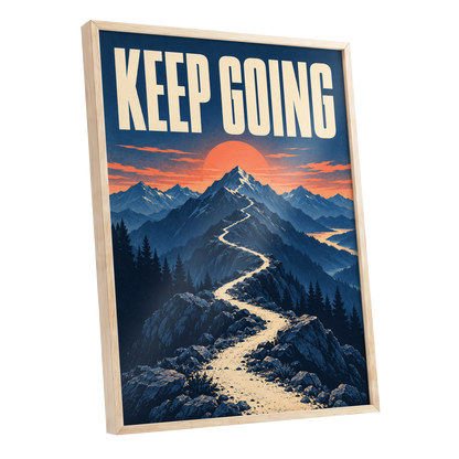 The Onward Ridge, blue, beige, orange nature wall art shown as a oak framed poster wall art print