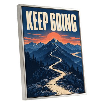 The Onward Ridge, blue, beige, orange nature wall art shown as a silver framed canvas wall art