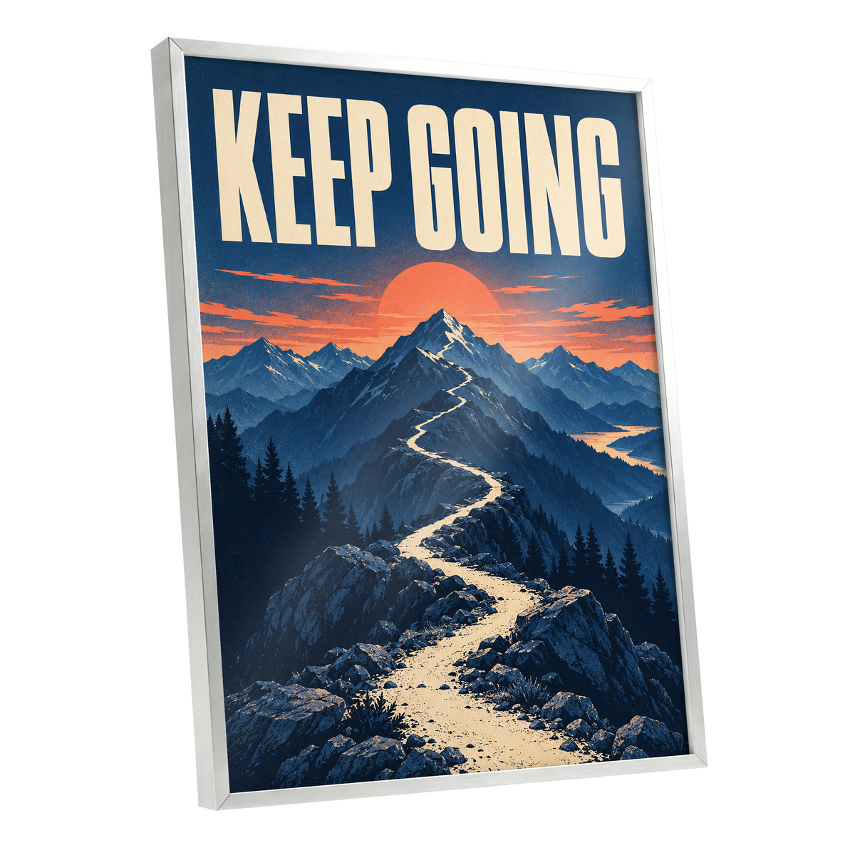 The Onward Ridge, blue, beige, orange nature wall art shown as a silver framed poster wall art print