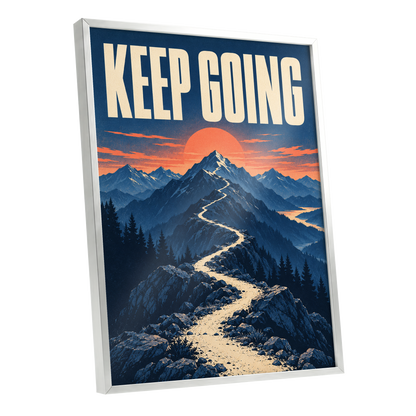 The Onward Ridge, blue, beige, orange nature wall art shown as a silver framed poster wall art print