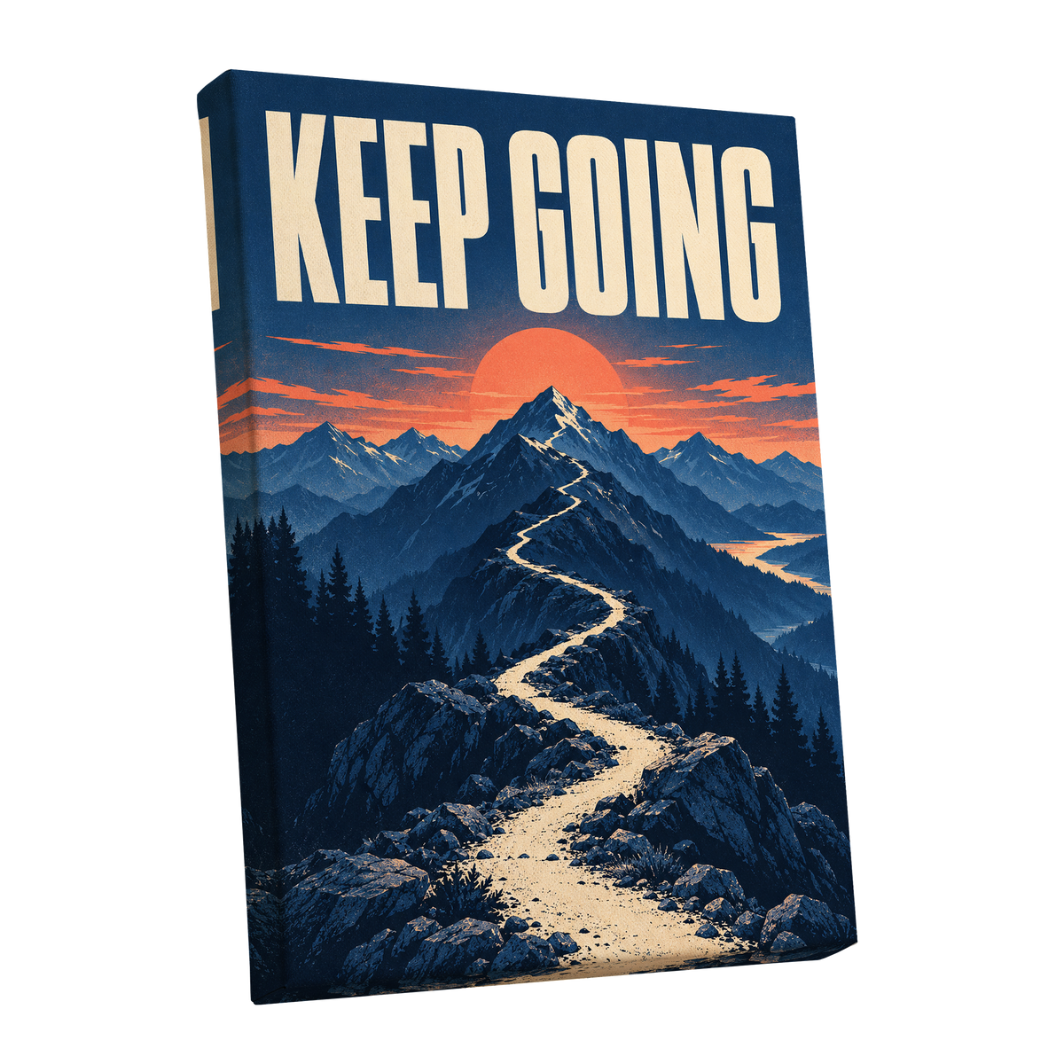 The Onward Ridge, blue, beige, orange nature wall art shown as a stretched canvas wall art