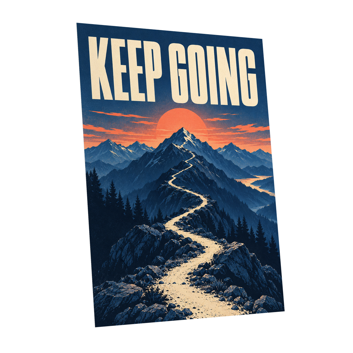The Onward Ridge, blue, beige, orange nature wall art shown as a unframed poster wall art print