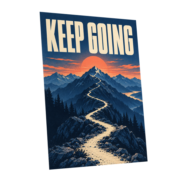The Onward Ridge, blue, beige, orange nature wall art shown as a unframed poster wall art print