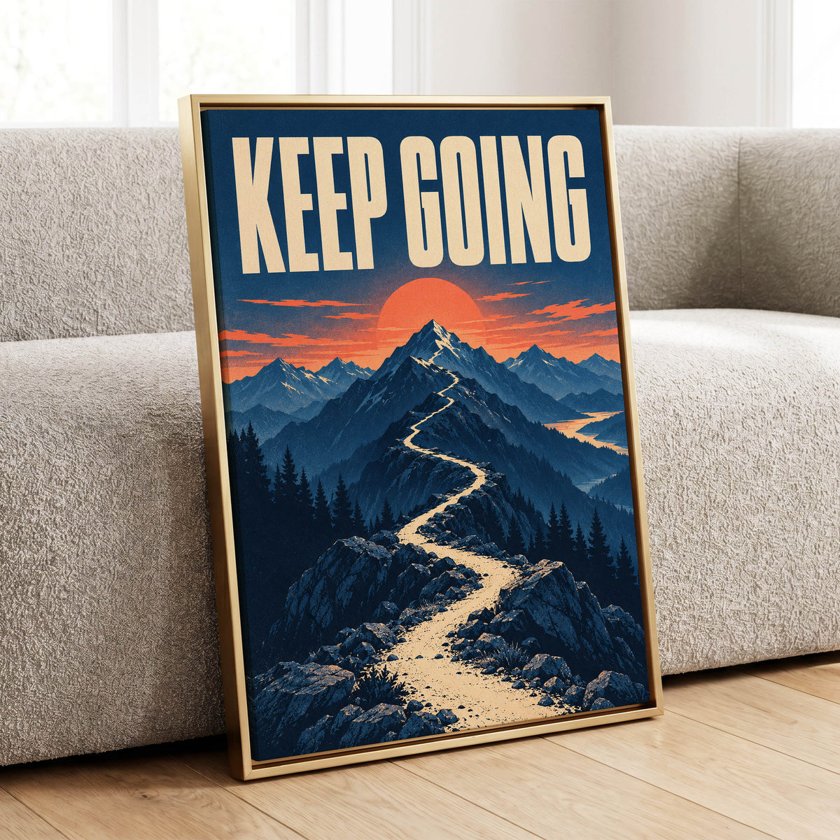 The Onward Ridge, blue, beige, orange nature wall art displayed in a styled interior, gallery view 1