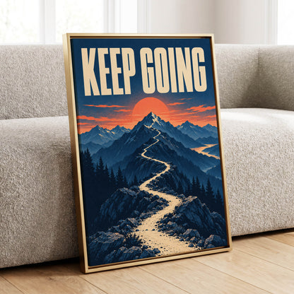 The Onward Ridge, blue, beige, orange nature wall art displayed in a styled interior, gallery view 1