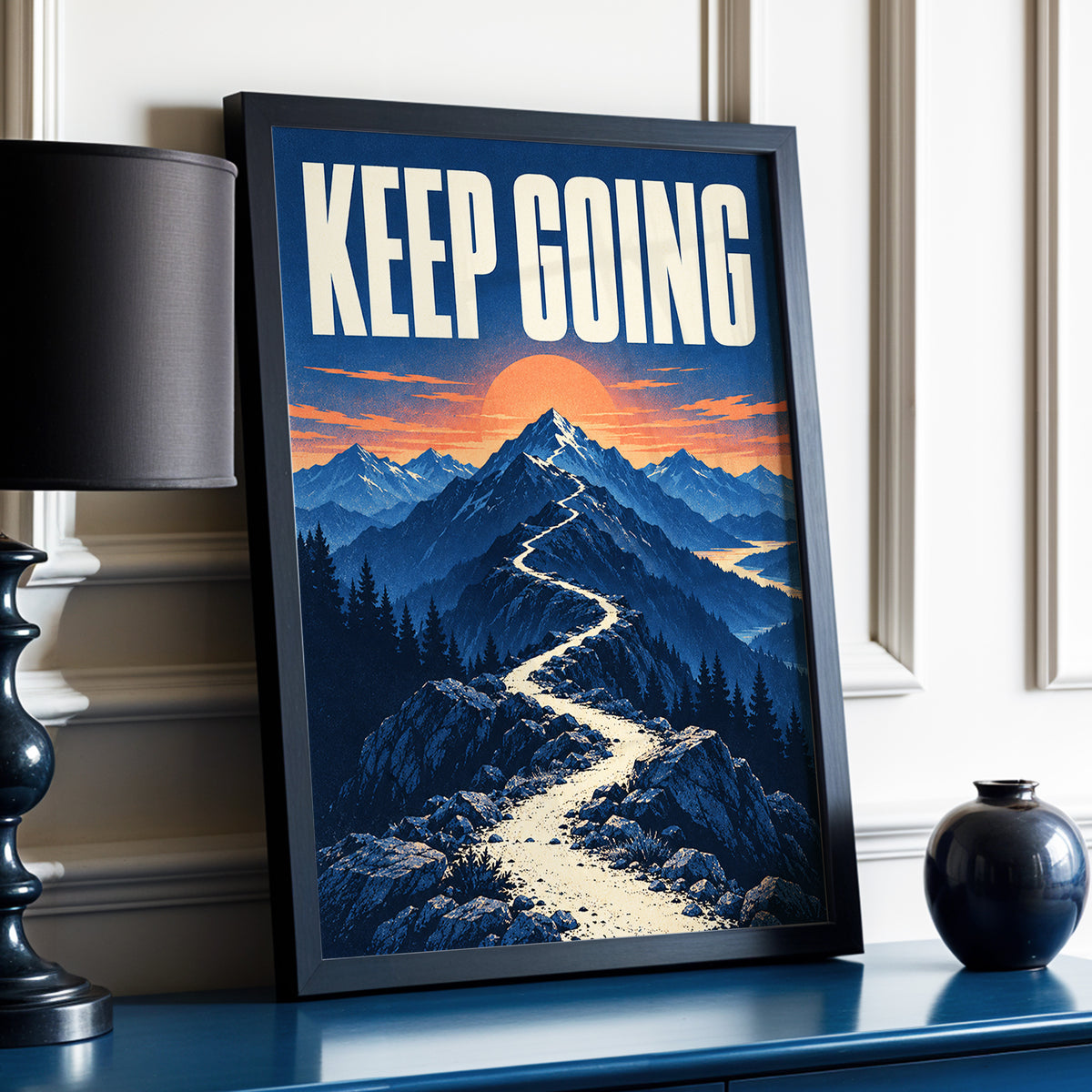 The Onward Ridge, blue, beige, orange nature wall art displayed in a styled interior, gallery view 3