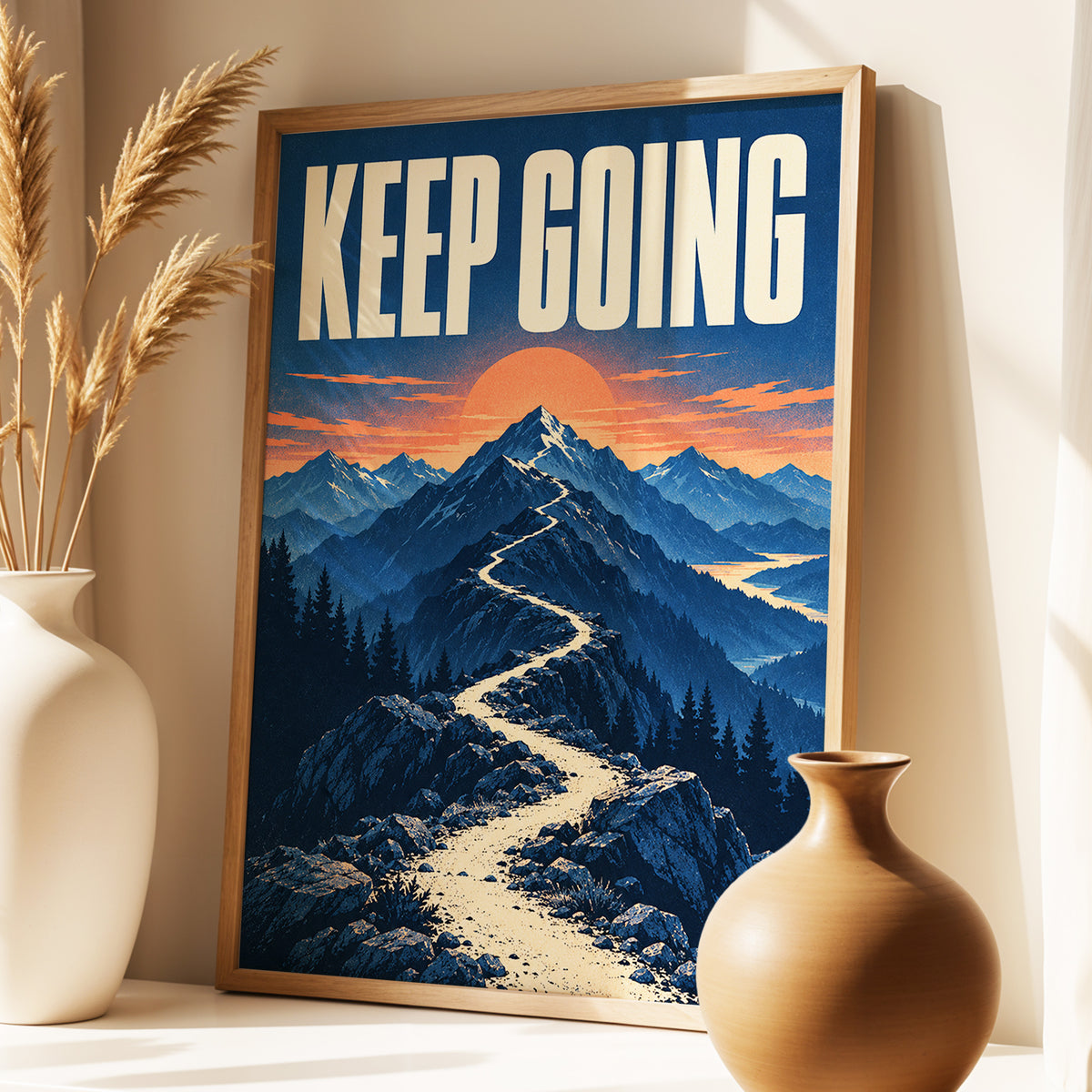 The Onward Ridge, blue, beige, orange nature wall art displayed in a styled interior, gallery view 4