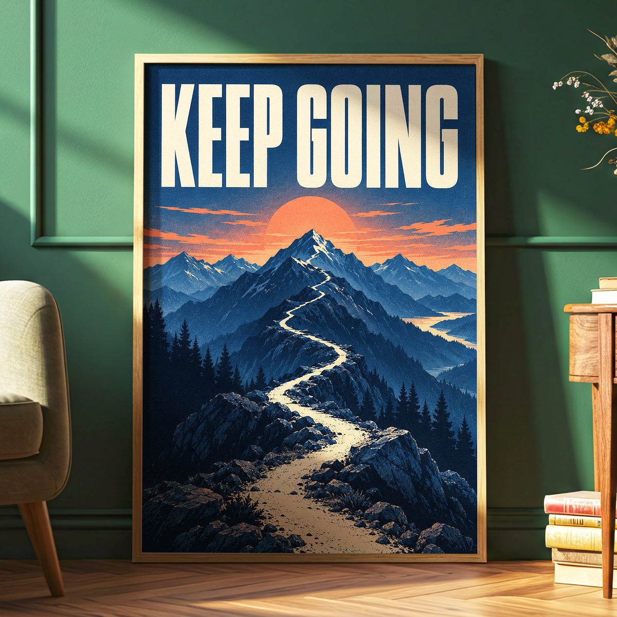 The Onward Ridge, blue, beige, orange nature wall art displayed in a styled interior, gallery view 6